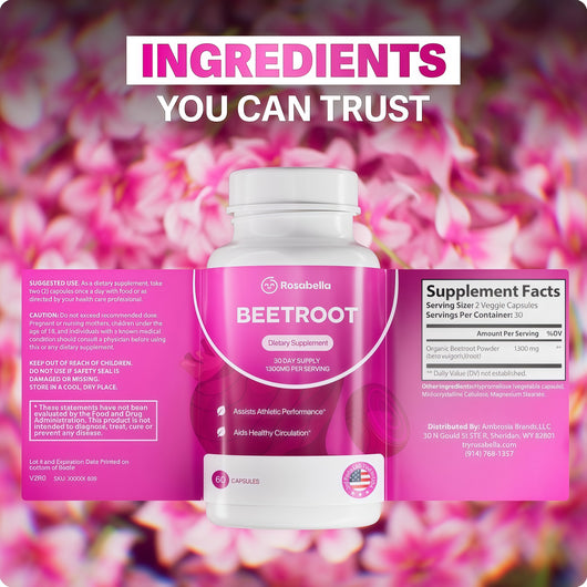 Rosabella Organic Beet Root Capsules - 1300mg Beet Root Powder Aids Healthy Circulation & Vitality, Non-GMO, Beet Root Supplement - 120 Capsules, 60-Day Supply